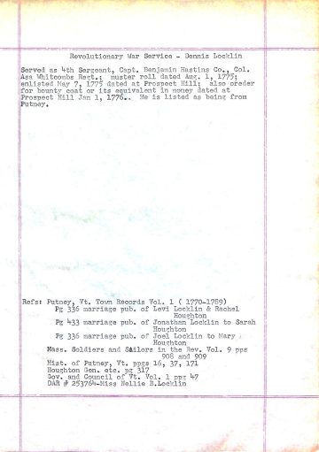 LOCKLIN, Dennis 1 (b. 1725 Mass. d. 1795 Putney) 2 Rev War service